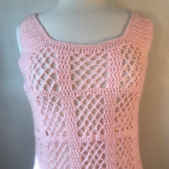 Vintage Pink Crocheted Sweater, Sweater Vest, Mini Dress, Grannycore Cottagecore - Picture 7 of 13